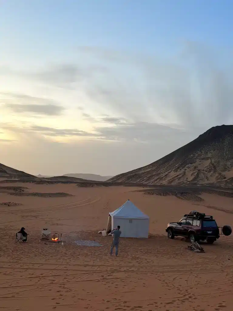Camp tent and 4x4 in the Black Desert, Egypt