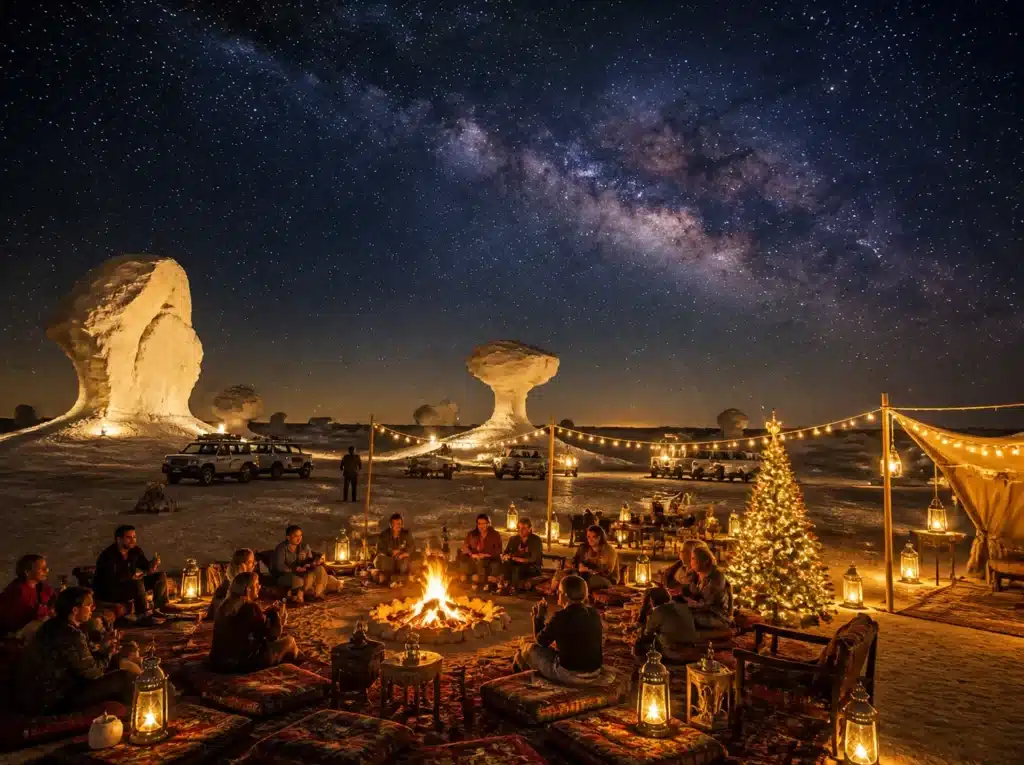 Christmas in the White Desert: festive Bedouin camp with lights and a Christmas tree under the Milky Way