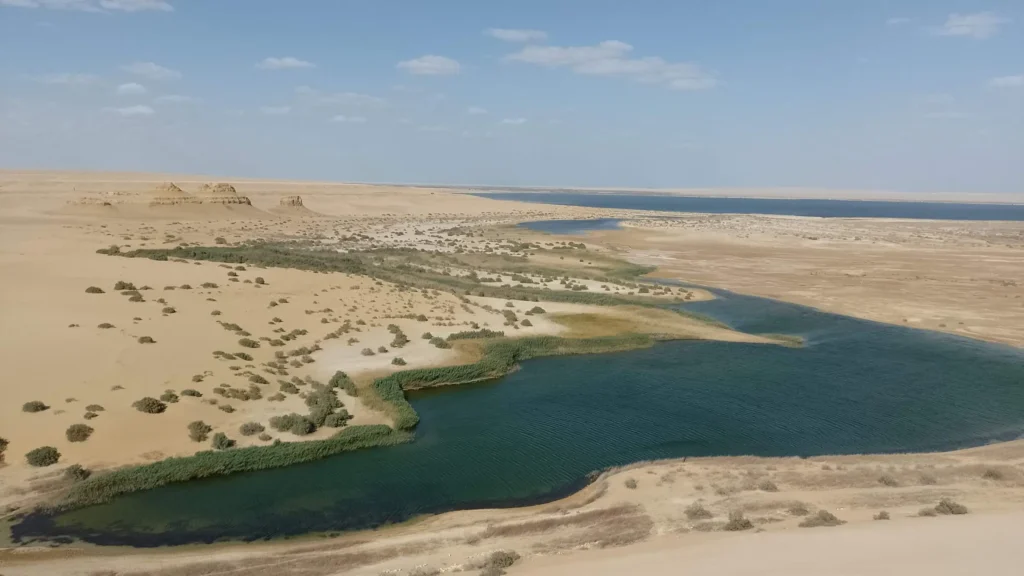 Aerial view of a turquoise lake in Fayoum Oasis
