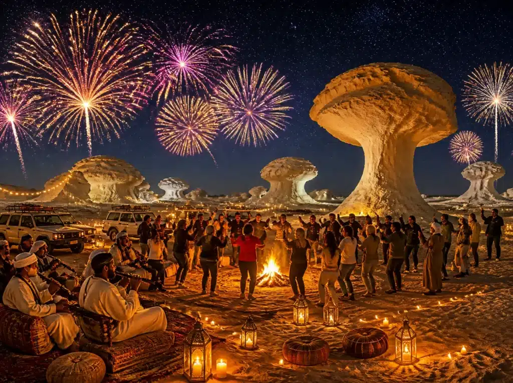 New Year's Eve in the White Desert: safe fireworks over the chalk rocks and a Bedouin party camp