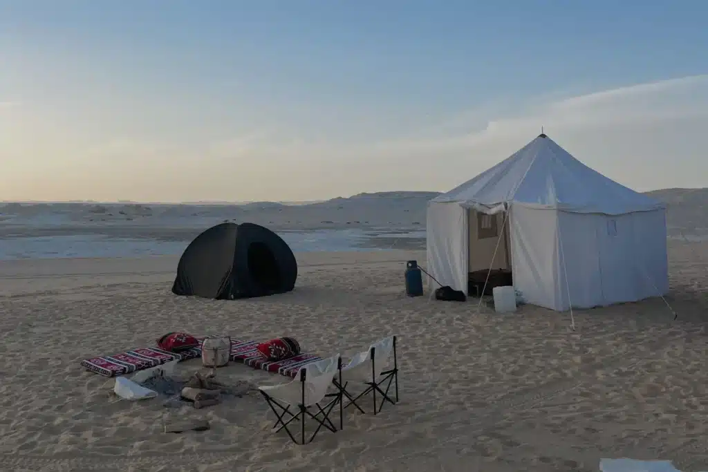 Camp tents set up in the White Desert for the eclipse night