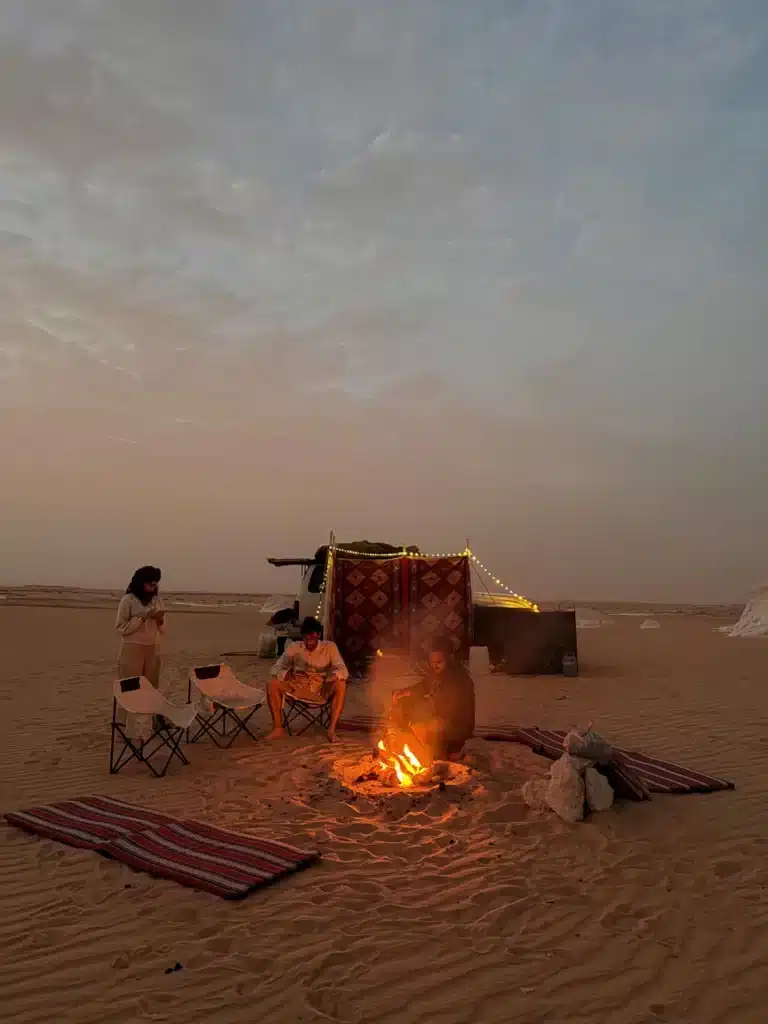 Campfire at a White Desert safari camp in Egypt