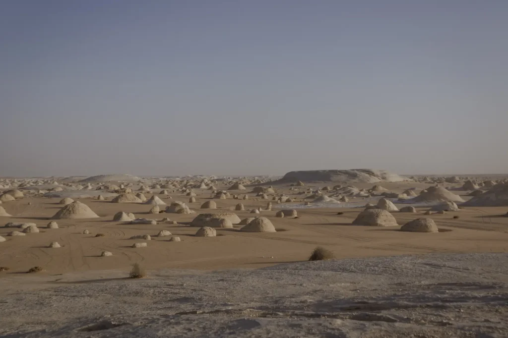 Panorama of white chalk formations in the White Desert, Egypt